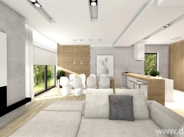 Salon w minimalistycznym stylu, będący częścią przestronnej strefy dziennej na przeszklonym parterze domu jednorodzinnego, przeznaczonego dla kilkuosobowej rodziny