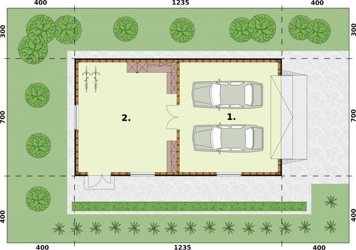 Rzut PT G318 szkielet drewniany garaż dwustanowiskowy z pomieszczeniem gospodarczym CE