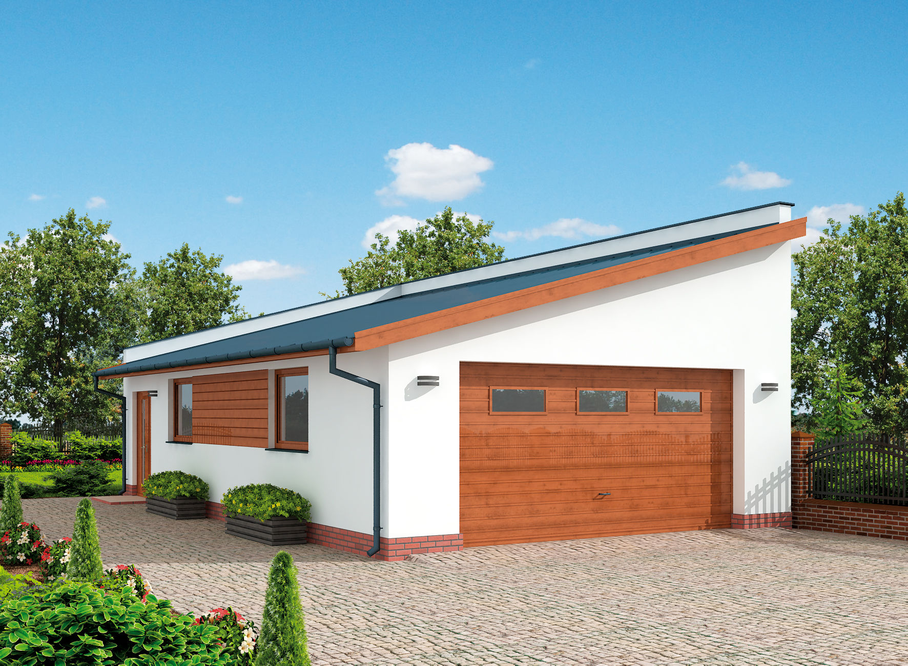 Wizualizacja PT G318 szkielet drewniany garaż dwustanowiskowy z pomieszczeniem gospodarczym CE