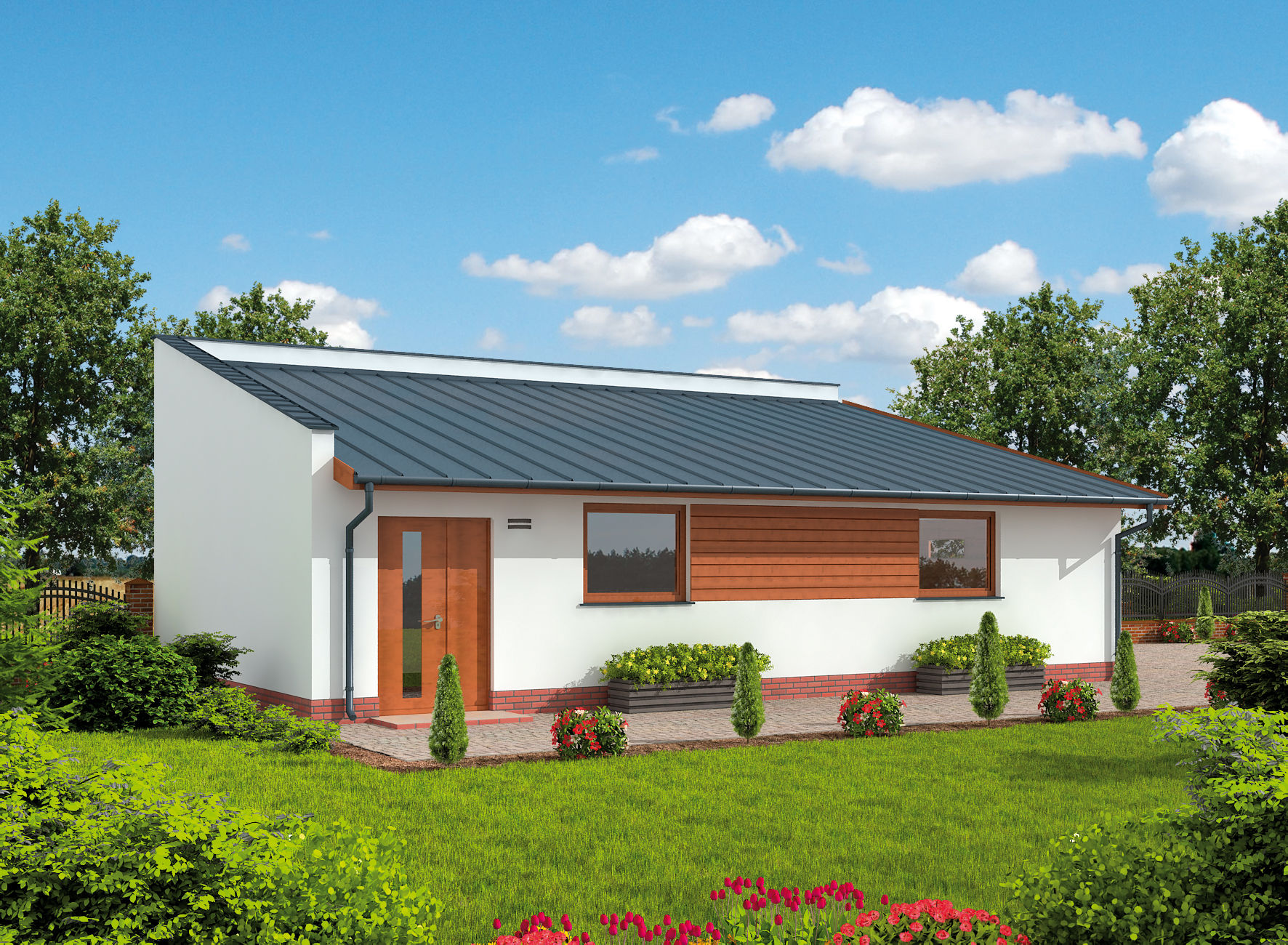 Wizualizacja PT G318 szkielet drewniany garaż dwustanowiskowy z pomieszczeniem gospodarczym CE