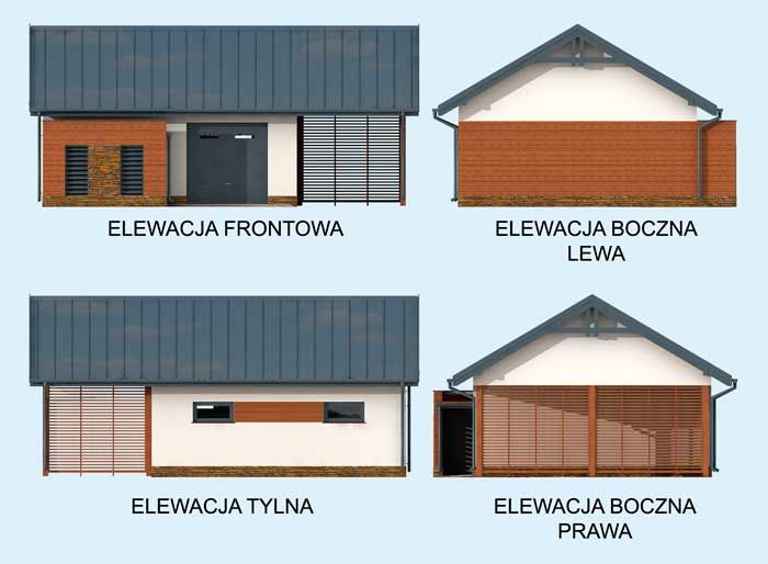Wizualizacja PT G277 garaż jednostanowiskowy z pomieszczeniem gospodarczym i wiatą CE