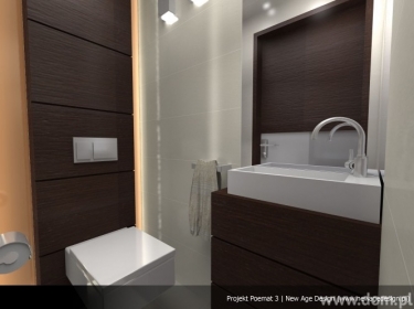 Brązowo-biała aranżacja łazienki, w tradycyjnej stylistyce, jaka charakteryzuje cały dom jednorodzinny z poddaszem