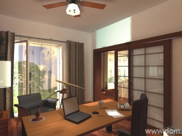 Dodatkowy pokój przy salonie, mogący pełnić funkcję domowego biura bądź pokoju gościnnego, w części dziennej parterowego domu dla 3-5 osobowej rodziny.