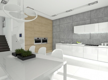 Nowoczesna kuchnia w loftowym stylu, z efektownym betonem architektonicznym na ścianach, połączona z jadalnią i salonem w domu energooszczędnym z poddaszem.