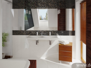 Klasyczna elegancja w nowoczesnej łazience w stonowanych kolorach, mieszczącej się na poddaszu domu, przeznaczonego dla 3-5 osobowej rodziny
