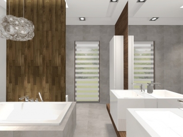 Elegancka łazienka zaprojektowana z drewnianym wykończeniem, komponująca się z całą aranżacją domu z poddaszem w bardzo nowoczesnym stylu