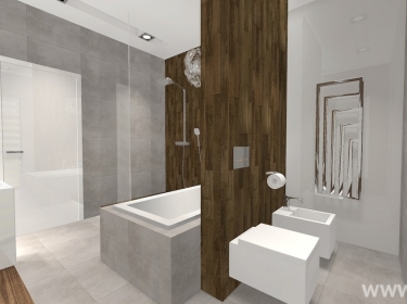 Elegancka łazienka zaprojektowana z drewnianym wykończeniem, komponująca się z całą aranżacją domu z poddaszem w bardzo nowoczesnym stylu