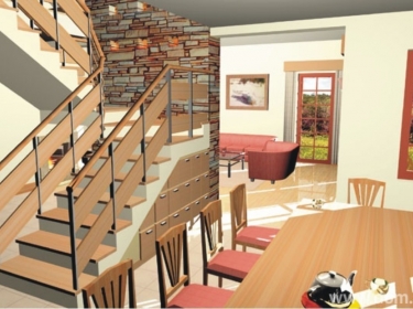 Duży salon z jadalnią i otwartą kuchnią oraz efektownie wykończoną ścianą kominkową, w domu z poddaszem dla 4-5 osobowej rodziny.