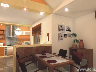 Kuchnia otwarta na salon z kominkiem w centralnym punkcie pokoju, nad którym zaprojektowano pustkę z antresolą, w domu parterowym z możliwością adaptacji poddasza.