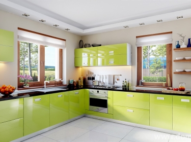 Nowoczesna kuchnia z meblami na wysoki połysk w intensywnym zielonym kolorze, na parterze domu z poddaszem, komfortowym dla 3-5 osobowej rodziny